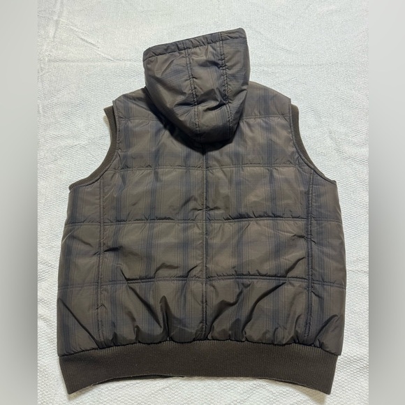Vintage Structure Men’s Large Brown Nylon Puffer Vest Plaid Hooded Zip Pockets - Picture 10 of 11